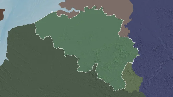 Outlined shape of the Belgium area. Colored and bumped map of the administrative division with surface waters. 3D rendering