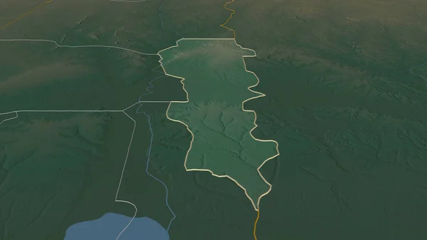 ベニン省 のズームアウトライン 嘘の見方だ 地表水と地形救援マップ 3Dレンダリング — ストック写真