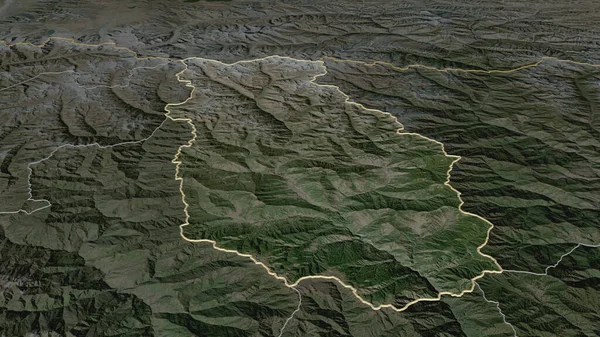 Zoom Bumthang District Bhutan Outlined Oblique Perspective Satellite Imagery Rendering — Stock Photo, Image