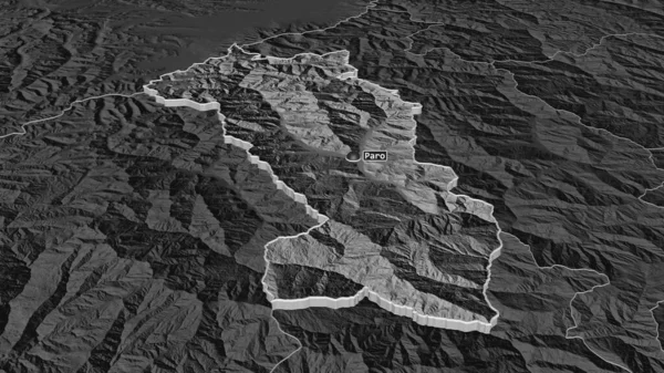 Zoom Sur Paro District Bhoutan Extrudé Perspective Oblique Carte Altitude — Photo