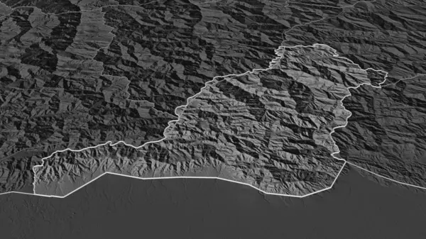 把重点放在Pemagatshel 不丹区 斜的角度 带地表水的双层高程图 3D渲染 — 图库照片