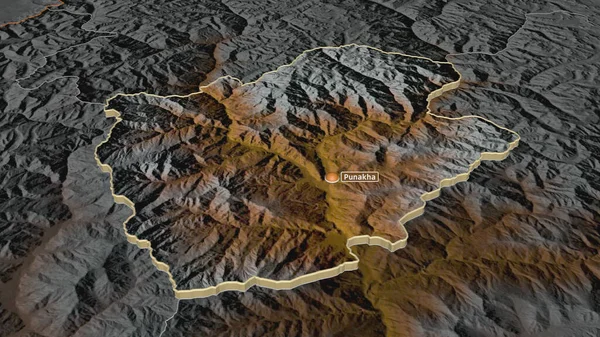 Ampliar Punakha Distrito Bután Extruido Perspectiva Oblicua Mapa Topográfico Relieve — Foto de Stock