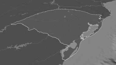 Rio Grande do Sul 'a (Brezilya eyaleti) yakınlaştırın. Belirsiz bir bakış açısı. Yüzey sularıyla çift seviyeli yükseklik haritası. 3B görüntüleme