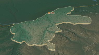 Ruse 'ye (Bulgaristan ili) yakınlaştırın. Belirsiz bir bakış açısı. Yüzey suları olan topografik yardım haritası. 3B görüntüleme