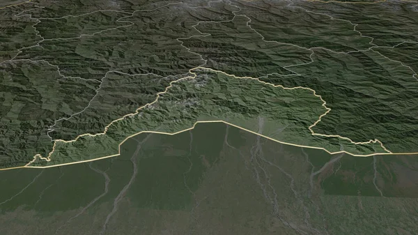 Zoom Auf Sarpang Distrikt Bhutan Umrissen Schräge Perspektive Satellitenbilder Rendering — Stockfoto