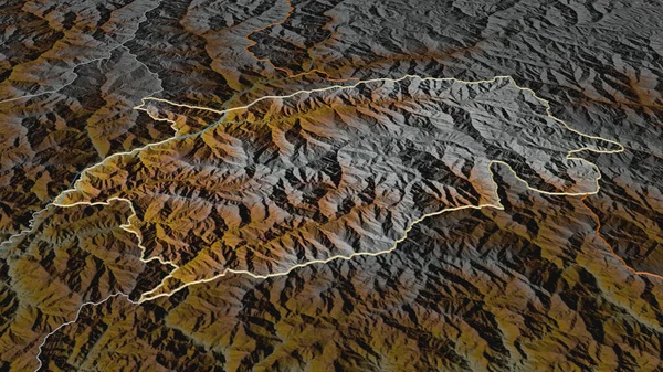 Zoom Trashigang District Bhutan Outlined Oblique Perspective Topographic Relief Map — Stock Photo, Image