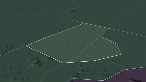 Zoom in on Gaborone (city of Botswana) outlined. Oblique perspective. Colored and bumped map of the administrative division with surface waters. 3D rendering