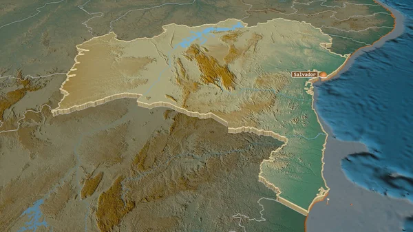 Bahia 'ya (Brezilya eyaleti) yakınlaştır. Belirsiz bir bakış açısı. Yüzey suları olan topografik yardım haritası. 3B görüntüleme