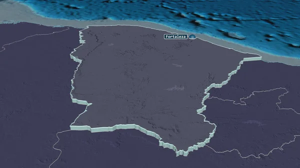 放大塞阿拉 巴西州 的挤压 斜的角度 用地表水绘制了行政区划的彩色和凹凸的地图 3D渲染 — 图库照片