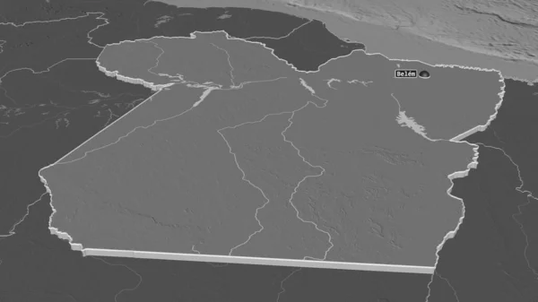 Zoom in on Para (state of Brazil) extruded. Oblique perspective. Bilevel elevation map with surface waters. 3D rendering