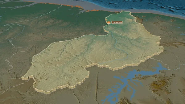 Inzoomen Piaui Staat Brazilië Geëxtrudeerd Obliek Perspectief Topografische Reliëfkaart Met — Stockfoto