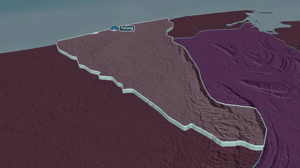 ツトン ブルネイ地区 のズームが押出ました 嘘の見方だ 水面と行政区画の色と衝突した地図 3Dレンダリング — ストック写真