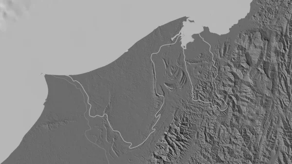 Outlined Shape Brunei Area Bilevel Elevation Map Surface Waters Rendering — Stock Photo, Image