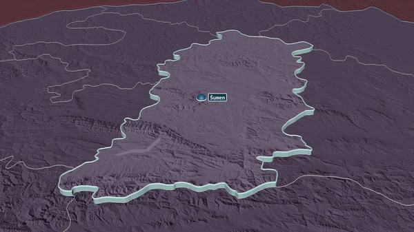 Shumen ブルガリアの州 でズーム押出 嘘の見方だ 水面と行政区画の色と衝突した地図 3Dレンダリング — ストック写真