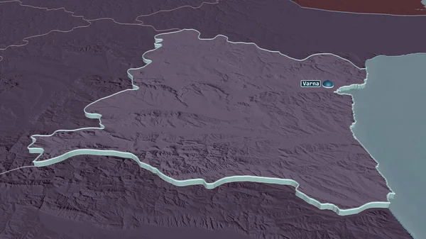 Zoom Varna Provincia Bulgaria Estruso Prospettiva Obliqua Mappa Colorata Urtata — Foto Stock