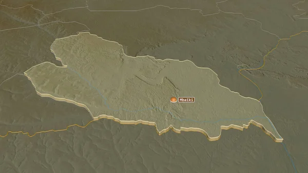 Zoom in on Lobaye (prefecture of Central African Republic) extruded. Oblique perspective. Topographic relief map with surface waters. 3D rendering