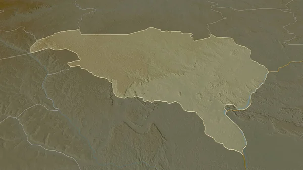 简要介绍了Ombella Poko 中非共和国省 的情况 斜的角度 带有地表水的地形图 3D渲染 — 图库照片