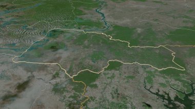 Kamboçya 'nın Tbong Khmum iline yakınlaş. Belirsiz bir bakış açısı. Uydu görüntüleri. 3B görüntüleme