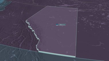 Alberta 'ya (Kanada ili) yakınlaştırın. Belirsiz bir bakış açısı. Yüzey sularıyla birlikte idari bölümün renkli ve çarpık haritası. 3B görüntüleme