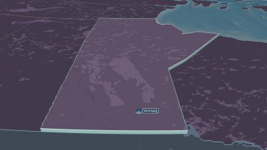 Manitoba 'ya (Kanada ili) yakınlaştırın. Belirsiz bir bakış açısı. Yüzey sularıyla birlikte idari bölümün renkli ve çarpık haritası. 3B görüntüleme