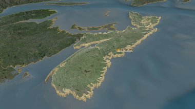 Nova Scotia 'ya (Kanada ili) yakınlaştırın. Belirsiz bir bakış açısı. Uydu görüntüleri. 3B görüntüleme