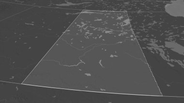 Saskatchewan 'a (Kanada ili) yakınlaştır. Belirsiz bir bakış açısı. Yüzey sularıyla çift seviyeli yükseklik haritası. 3B görüntüleme