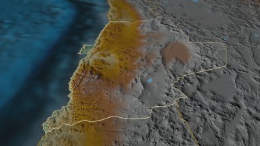 Antofagasta 'ya (Şili bölgesi) yakınlaştır. Belirsiz bir bakış açısı. Yüzey suları olan topografik yardım haritası. 3B görüntüleme