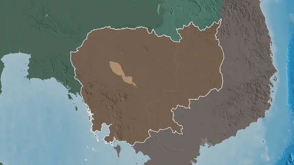 Outlined shape of the Cambodia area. Colored and bumped map of the administrative division with surface waters. 3D rendering
