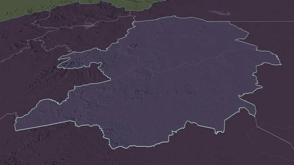 Zoom in on Centre (region of Cameroon) outlined. Oblique perspective. Colored and bumped map of the administrative division with surface waters. 3D rendering