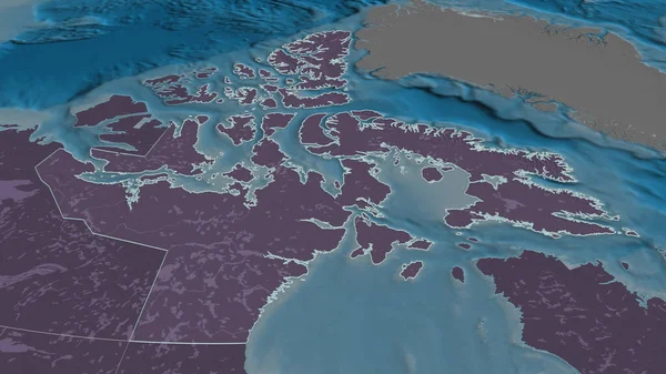 Zoom Nunavut Territory Canada Outlined Oblique Perspective Colored Bumped Map — Stock Photo, Image