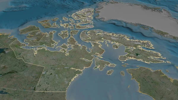 Zoom Nunavut Territory Canada Outlined Oblique Perspective Satellite Imagery Rendering — Stock Photo, Image