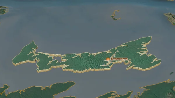 放大爱德华王子岛 加拿大省 斜的角度 带有地表水的地形图 3D渲染 — 图库照片