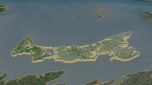 Zoom in on Prince Edward Island (province of Canada) extruded. Oblique perspective. Satellite imagery. 3D rendering