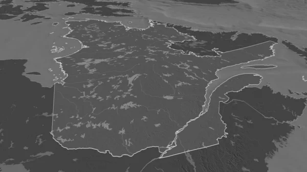 Zoom in on Quebec (province of Canada) outlined. Oblique perspective. Bilevel elevation map with surface waters. 3D rendering