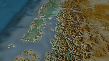 Los Lagos 'a (Şili bölgesi) yakınlaştırın. Belirsiz bir bakış açısı. Yüzey suları olan topografik yardım haritası. 3B görüntüleme