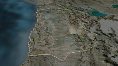 Zoom in on Tarapaca (region of Chile) outlined. Oblique perspective. Satellite imagery. 3D rendering clipart