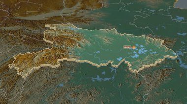 Hubei 'ye (Çin ili) yakınlaştır. Belirsiz bir bakış açısı. Yüzey suları olan topografik yardım haritası. 3B görüntüleme
