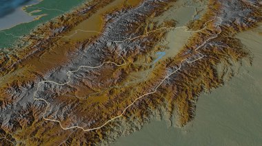 Huila 'ya (Kolombiya Departmanı) yakınlaştır. Belirsiz bir bakış açısı. Yüzey suları olan topografik yardım haritası. 3B görüntüleme