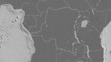 Demokratik Kongo Cumhuriyeti 'nin ana hatları. Yüzey sularıyla çift seviyeli yükseklik haritası. 3B görüntüleme