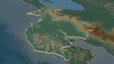 Guanacaste 'ye (Kosta Rika ili) yakınlaştırın. Belirsiz bir bakış açısı. Yüzey suları olan topografik yardım haritası. 3B görüntüleme