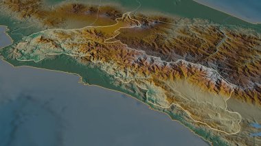 San Jose 'ye (Kosta Rika ili) yakınlaştırın. Belirsiz bir bakış açısı. Yüzey suları olan topografik yardım haritası. 3B görüntüleme