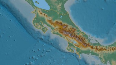 Kosta Rika bölgesinin ana hatları. Yüzey suları olan topografik yardım haritası. 3B görüntüleme