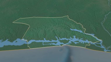 Abidjan 'a (Cote d' Ivoire 'nin özerk ilçesine) yakınlaş. Belirsiz bir bakış açısı. Yüzey suları olan topografik yardım haritası. 3B görüntüleme