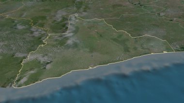 Bas-Sassandra 'ya (Cote d' Ivoire ilçesine) yakınlaş. Belirsiz bir bakış açısı. Uydu görüntüleri. 3B görüntüleme