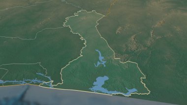 Comoe 'ya (Cote d' Ivoire ilçesi) yakınlaştır. Belirsiz bir bakış açısı. Yüzey suları olan topografik yardım haritası. 3B görüntüleme