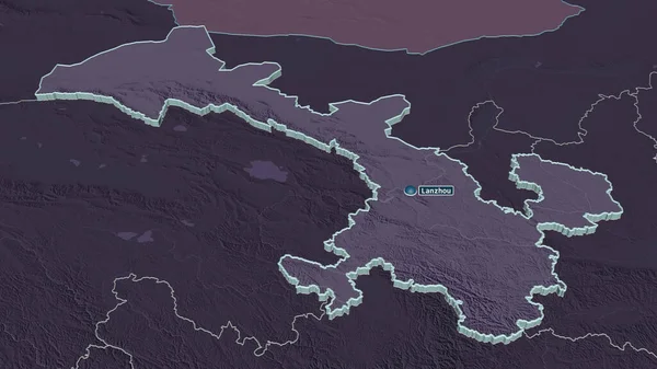 甘粛省 中国の省 でズーム押出 嘘の見方だ 水面と行政区画の色と衝突した地図 3Dレンダリング — ストック写真