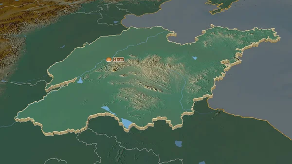 山東省 中国の省 でズーム押出 嘘の見方だ 地表水と地形救援マップ 3Dレンダリング — ストック写真
