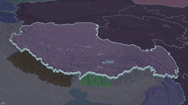 Zoom Auf Xizang Autonome Region Chinas Schräge Perspektive Farbige Landkarte — Stockfoto