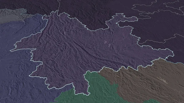Zoom in on Yunnan (province of China) outlined. Oblique perspective. Colored and bumped map of the administrative division with surface waters. 3D rendering