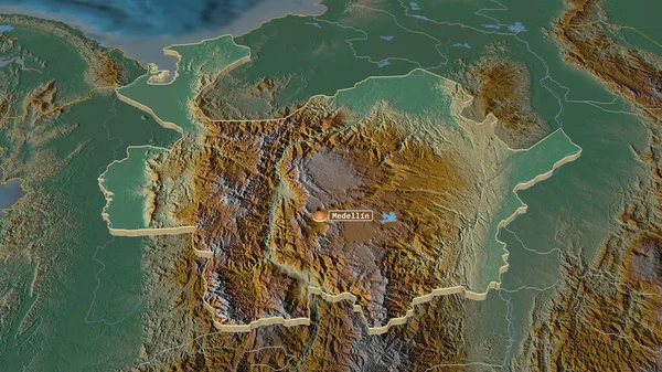 Zoom Antioquia Dipartimento Della Colombia Estruso Prospettiva Obliqua Mappa Topografica — Foto Stock